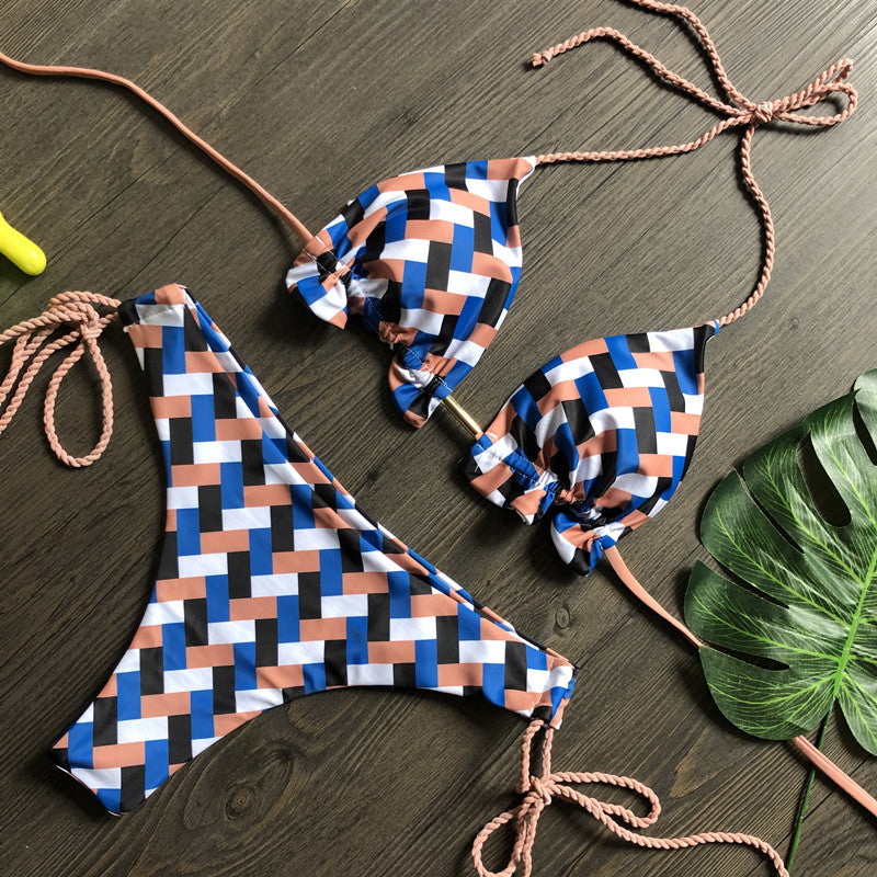 Ekoseli Baskılı Bağcıklı Bikini