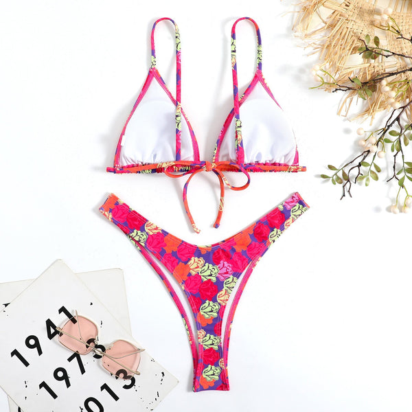 Renkli Çiçek Desenli Halter Bikini