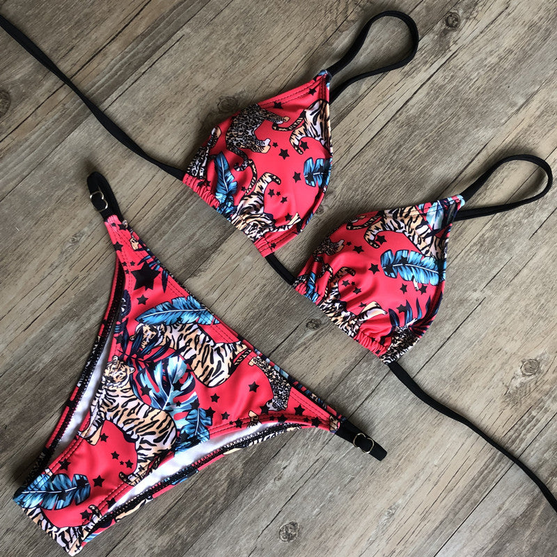 Renkli Leopar Desenli Bağcıklı Bikini
