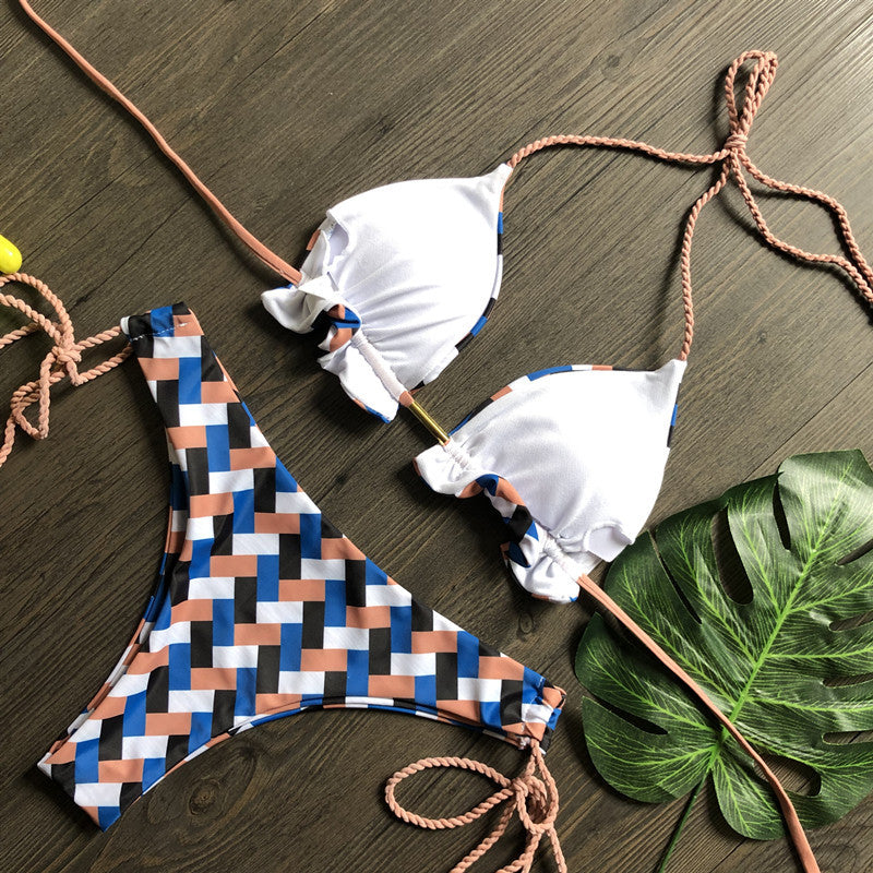 Ekoseli Baskılı Bağcıklı Bikini