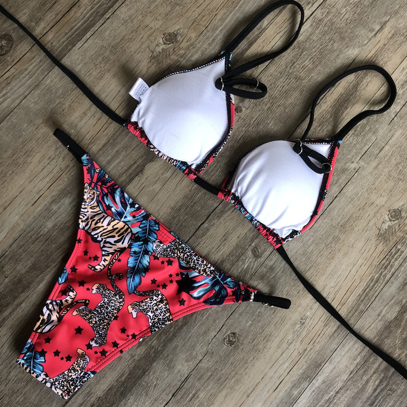 Renkli Leopar Desenli Bağcıklı Bikini