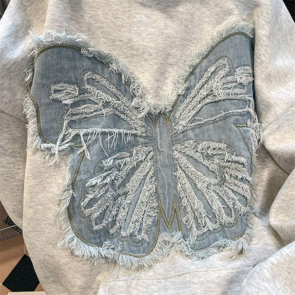 Denim Patch Kelebek Kapüşonlu Sweatshirt