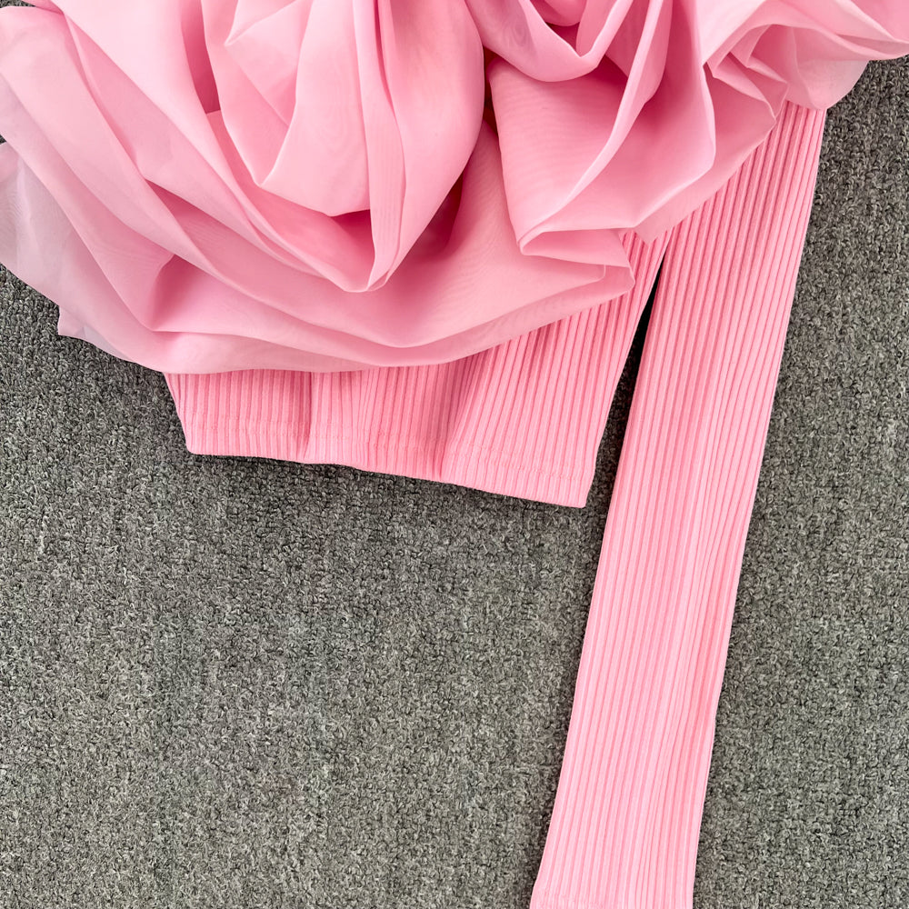 Pembe 3D Çiçekli Tek Omuz Tişört
