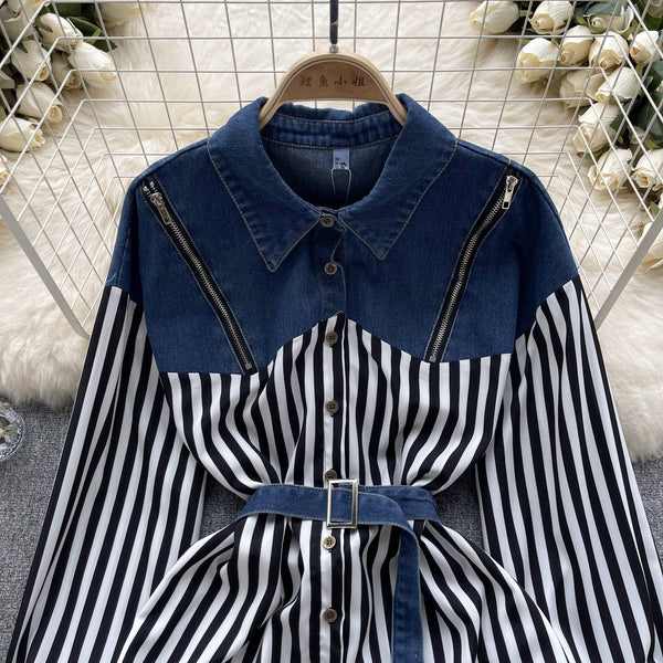 Niş Çizgili Patchwork Denim Gömlek