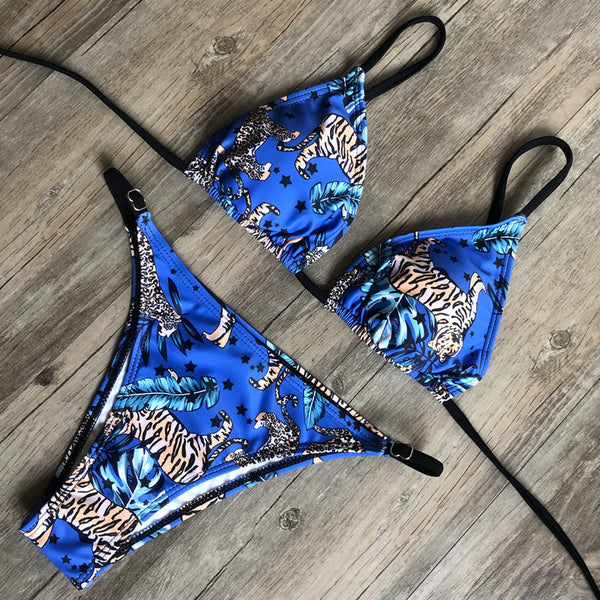 Renkli Leopar Desenli Bağcıklı Bikini