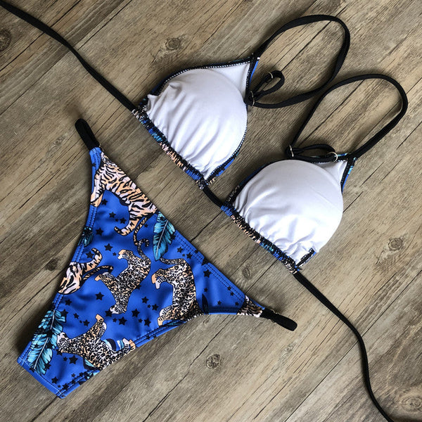 Renkli Leopar Desenli Bağcıklı Bikini