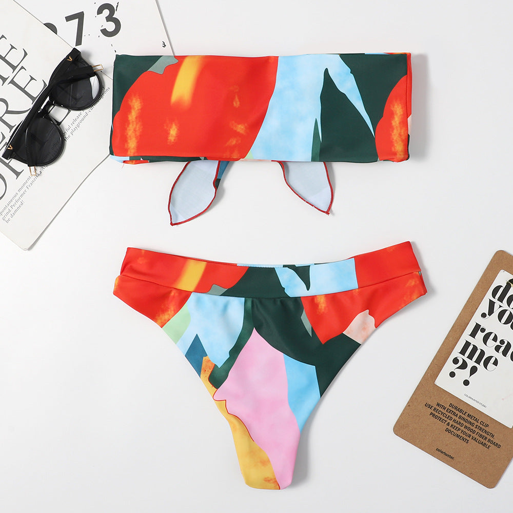 Düğümlü Çiçek Desenli Straplez Bikini