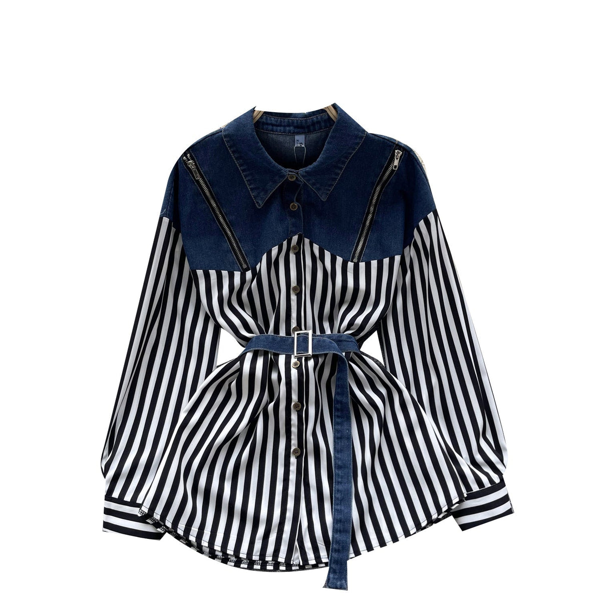 Niş Çizgili Patchwork Denim Gömlek