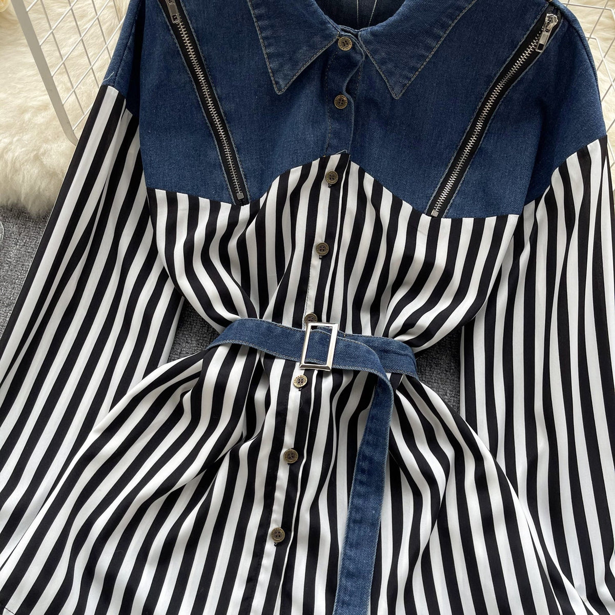 Niş Çizgili Patchwork Denim Gömlek