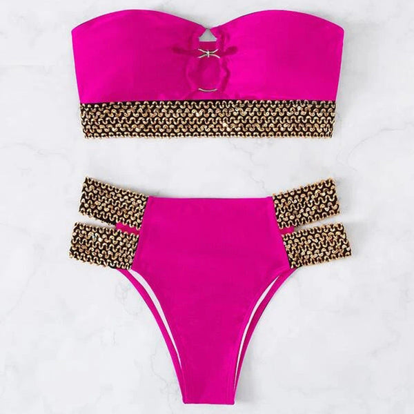Seksiy Glossy Oyuklu Boncuklu Bikini