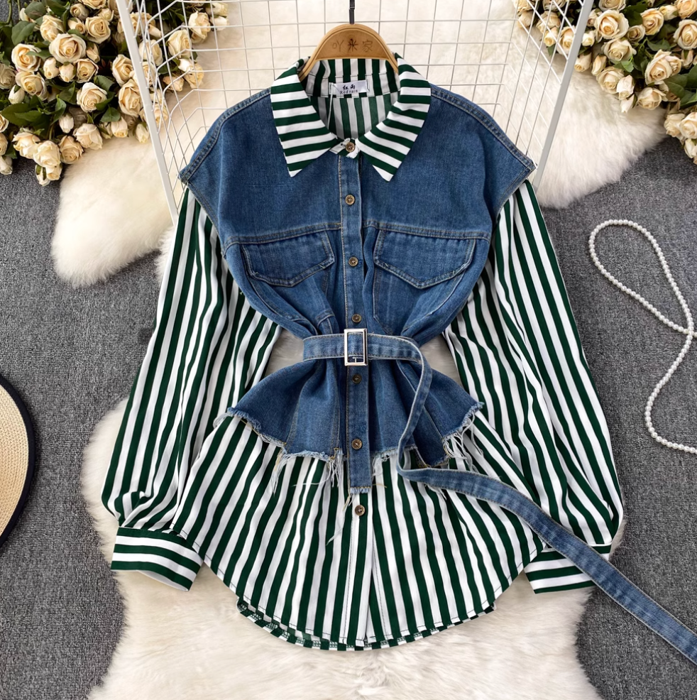 Düzensiz Tasarım Denim Patchwork Çizgili Gömlek