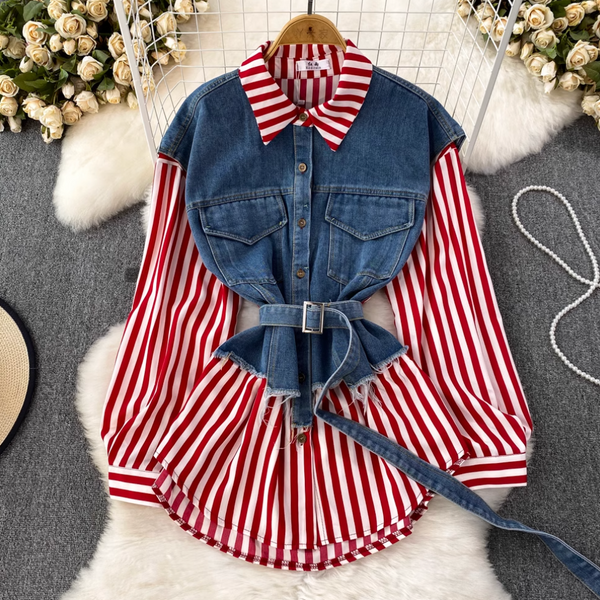 Düzensiz Tasarım Denim Patchwork Çizgili Gömlek