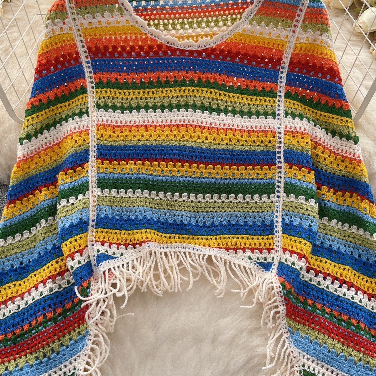 Renkli Çizgili Boşaltılmış Fringed Triko