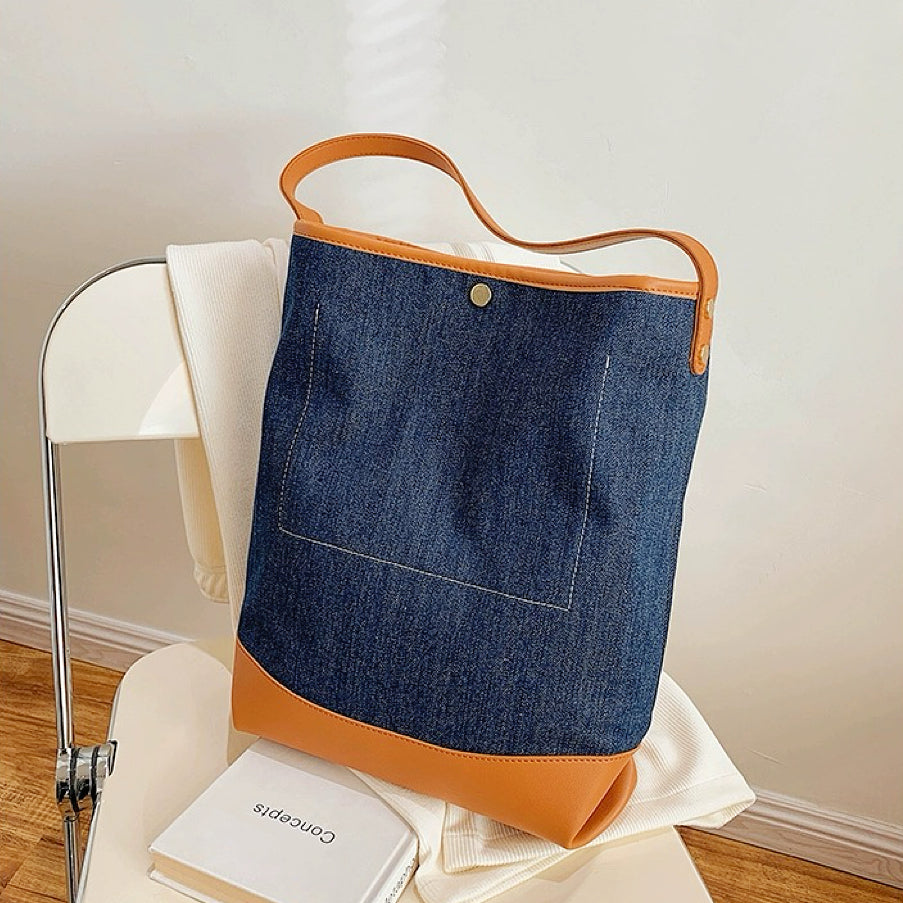 Denim Patchwork Görünümlü Bucket Çanta