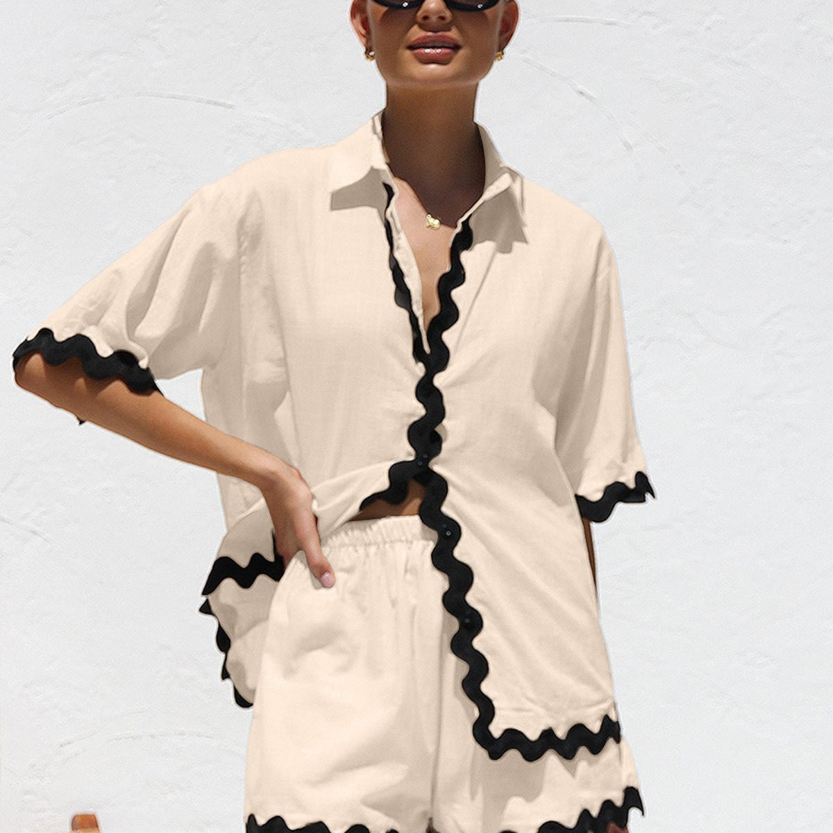 Düz Cardigan Takımı Dalgalı Dikişlerle
