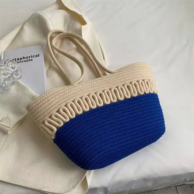 Bellachicha - Büyük Kapasiteli Kadın Omuz Çantası, Örgü Kiti Kumaş ve Hasırdan El Yapımı
