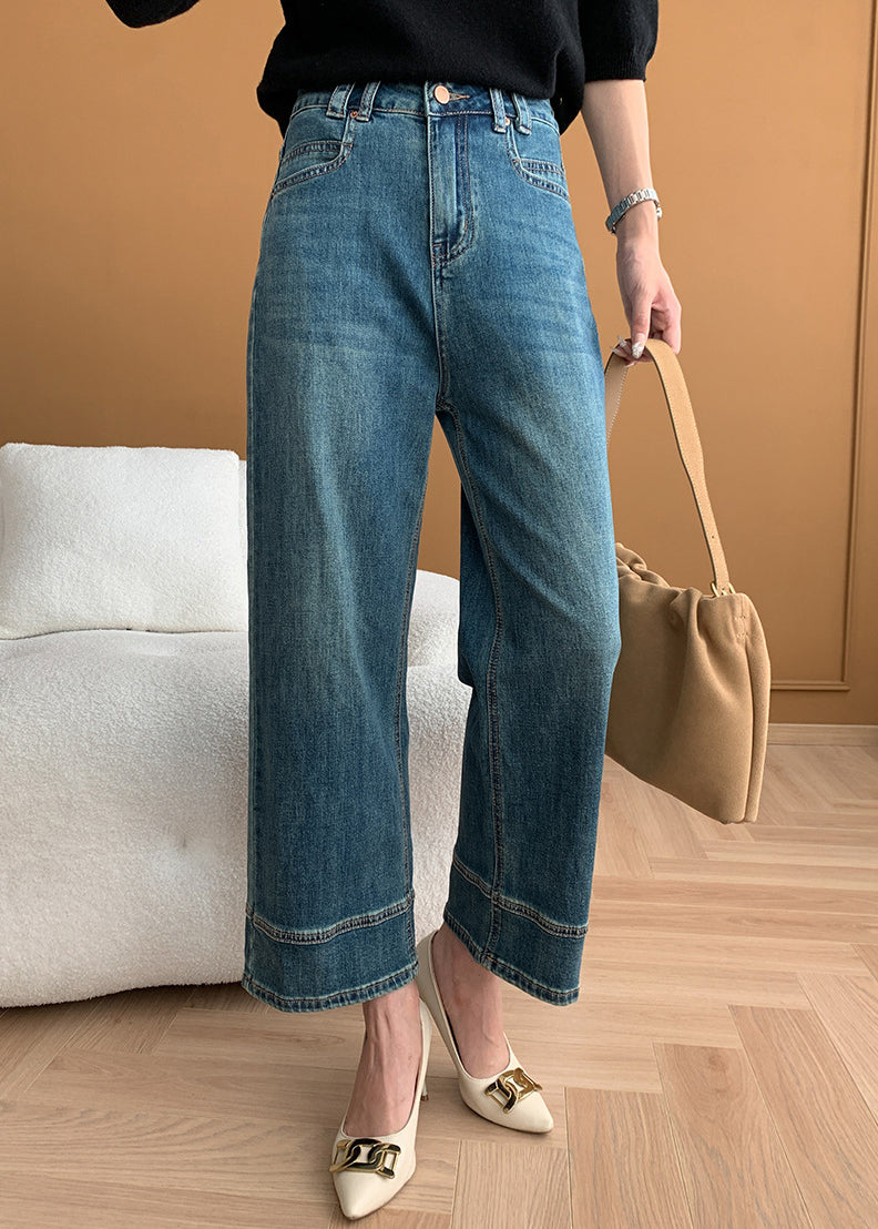 Modern Mavi Cepli Yüksek Bel Denim Kısa Pantolon Sonbahar