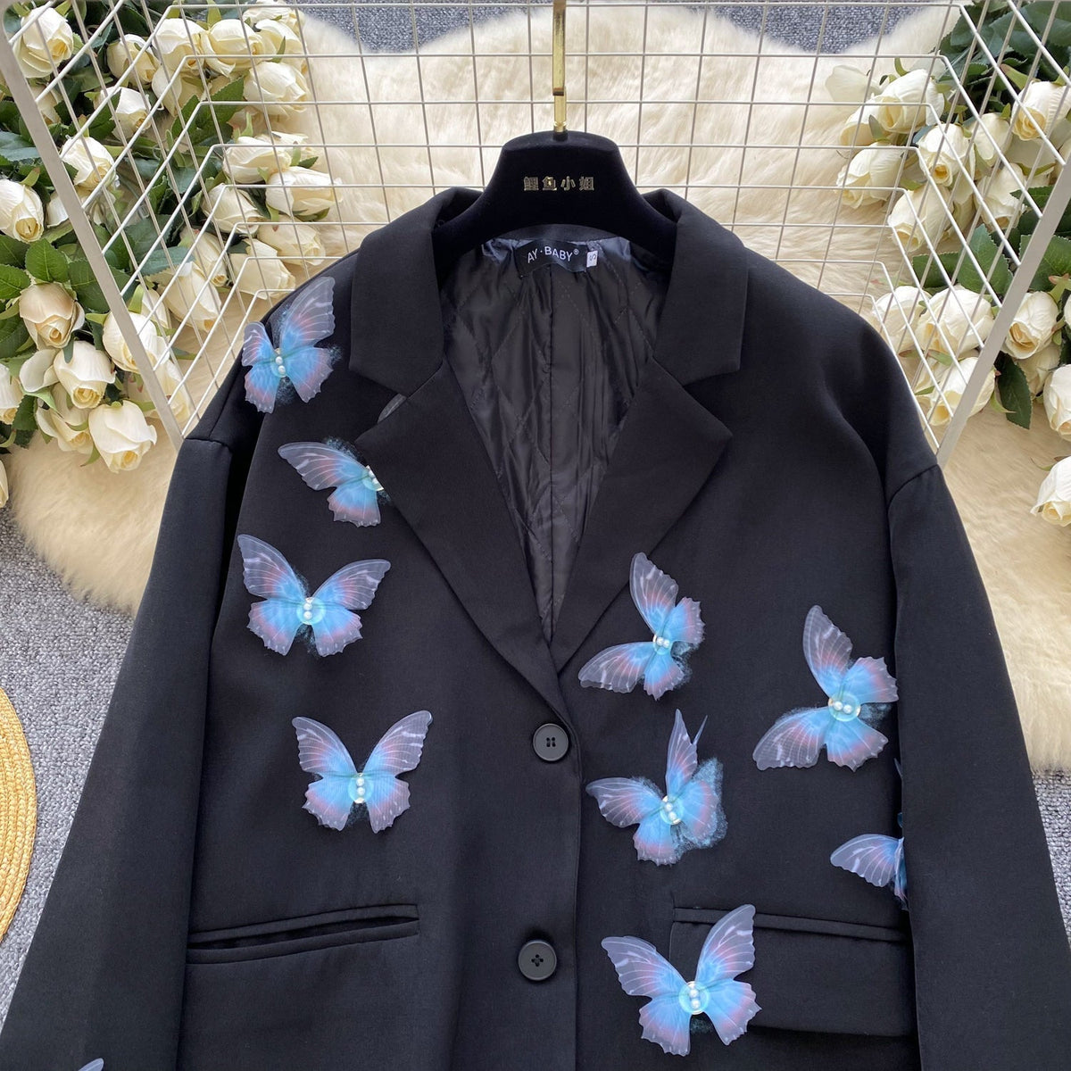 3D Mavi Kelebek Siyah Blazer