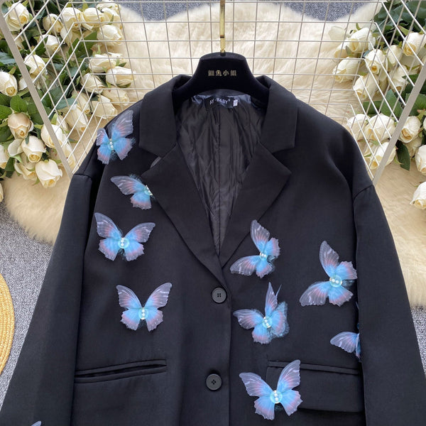 3D Mavi Kelebek Siyah Blazer