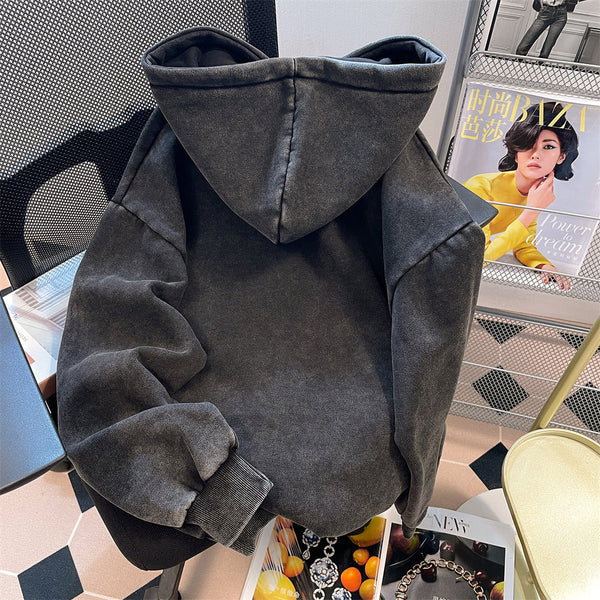 Oversize Yıpranmış Baskılı Kapüşonlu Sweatshirt