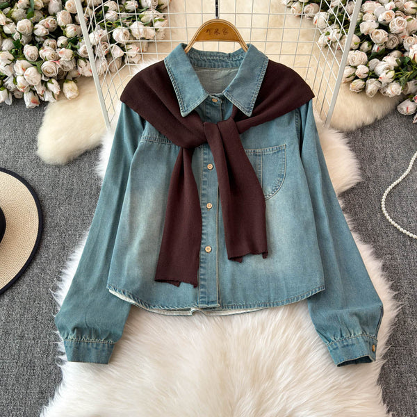 Şal Detaylı Yaka Açık Denim Gömlek