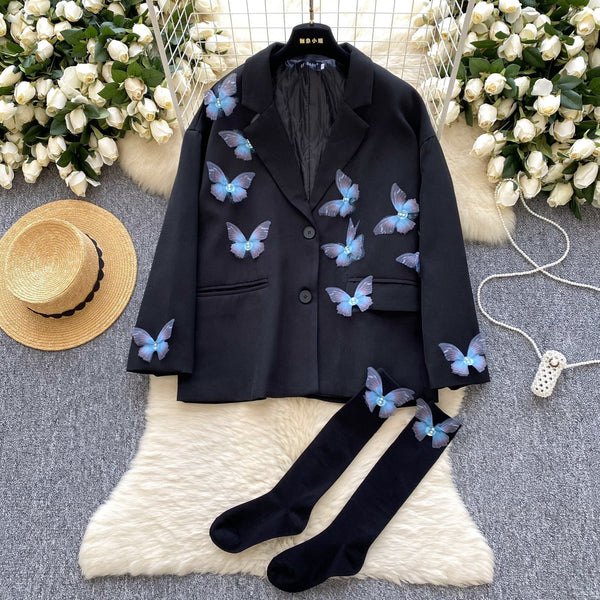 3D Mavi Kelebek Siyah Blazer