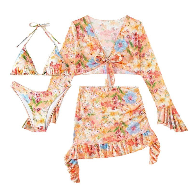 Baskılı Plaj Etekli Bikini 4 Parça Mayo