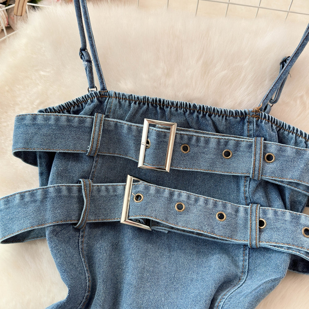 Düzensiz Tasarım Kabarık Denim Sıfır Yaka Bluz