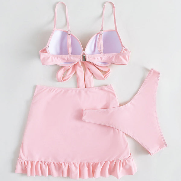 Düz Renk Üç Parça Yüksek Sarma Bikini
