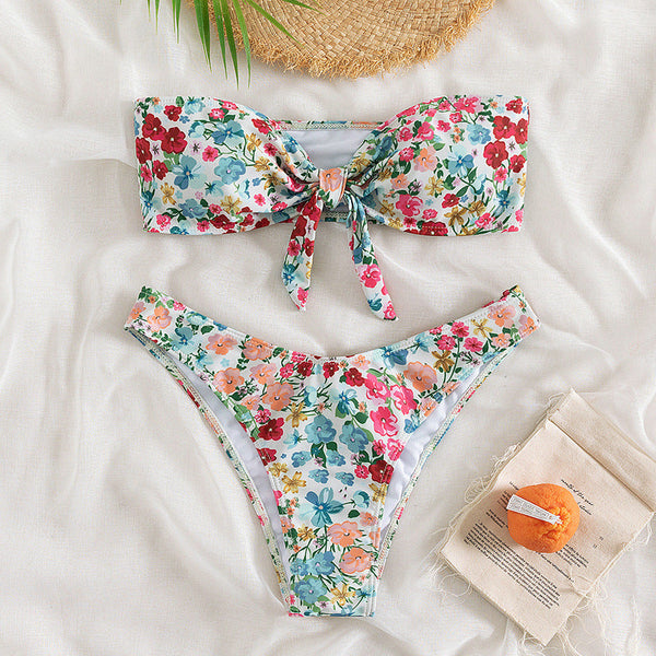 Çiçek Desenli Split Üçgen Spa Bikini