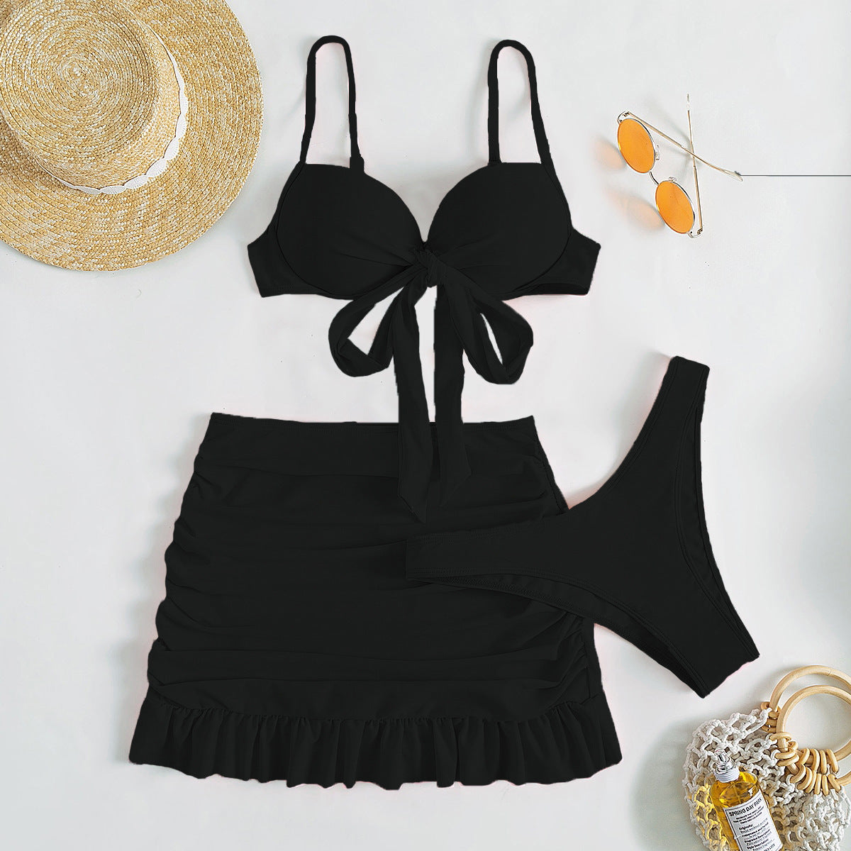 Düz Renk Üç Parça Yüksek Sarma Bikini