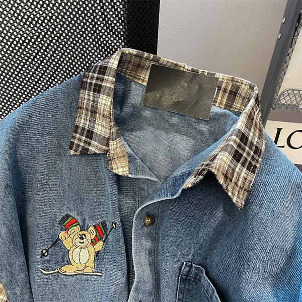 Vintage Denim Patchwork Ekose Gömlek