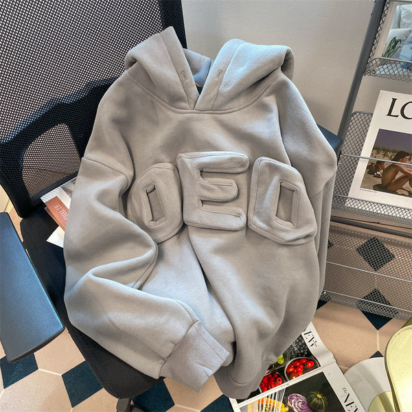 Oversize 3D Monogramlı Kapüşonlu Sweatshirt