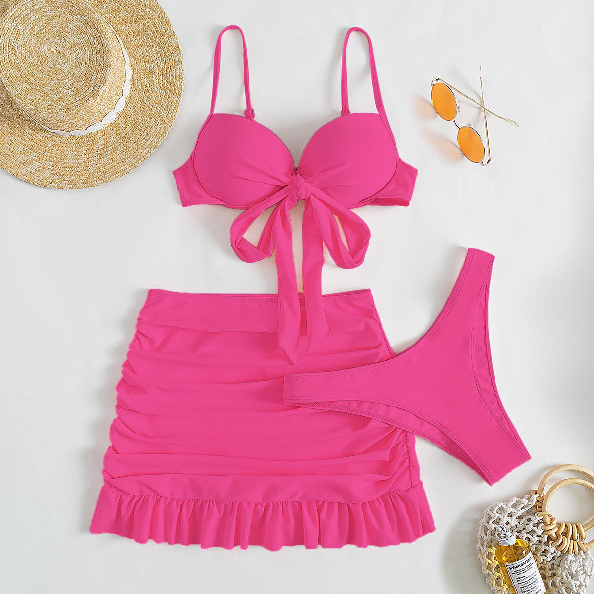 Düz Renk Üç Parça Yüksek Sarma Bikini