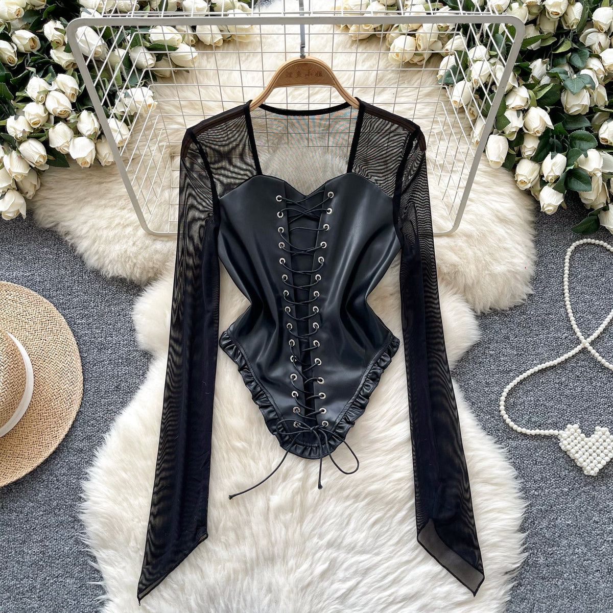 Düz Bağcıklı PU Ağı Mesh Patchwork Üst