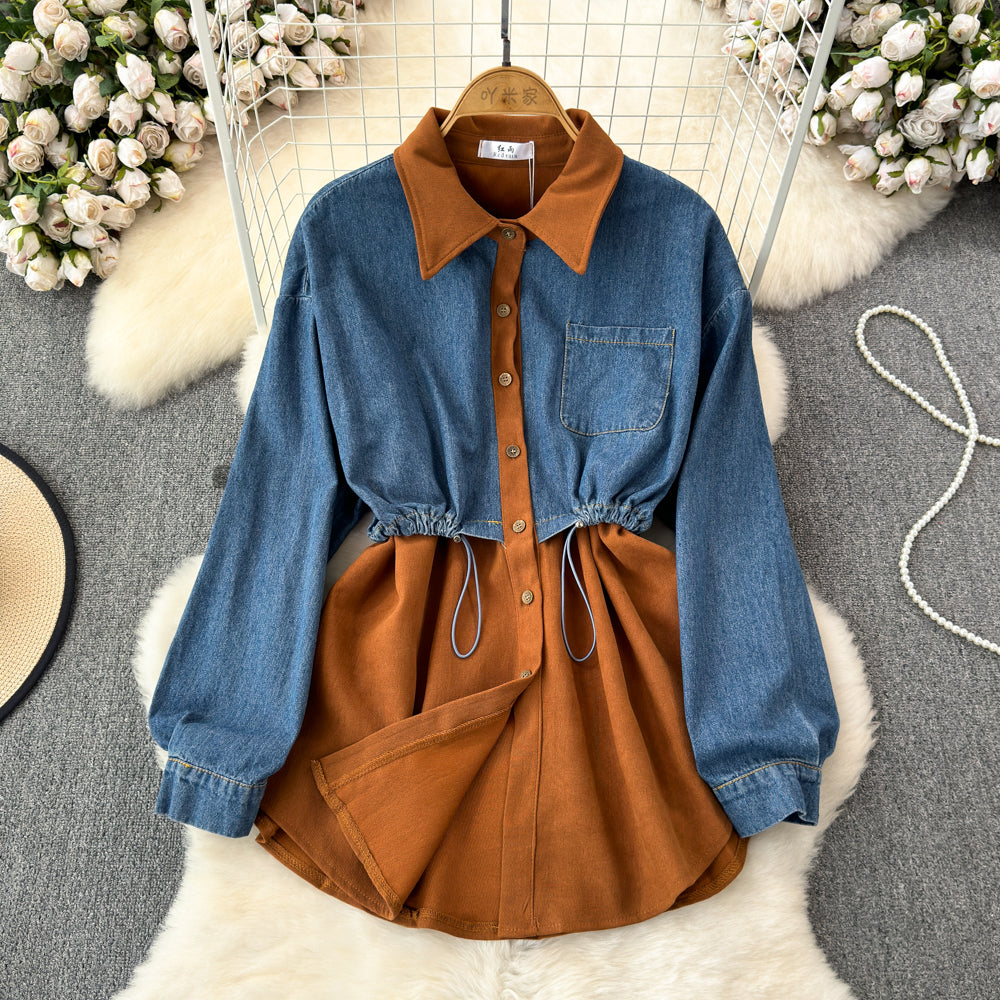 Şık Denim Patchwork Esnek Gömlek