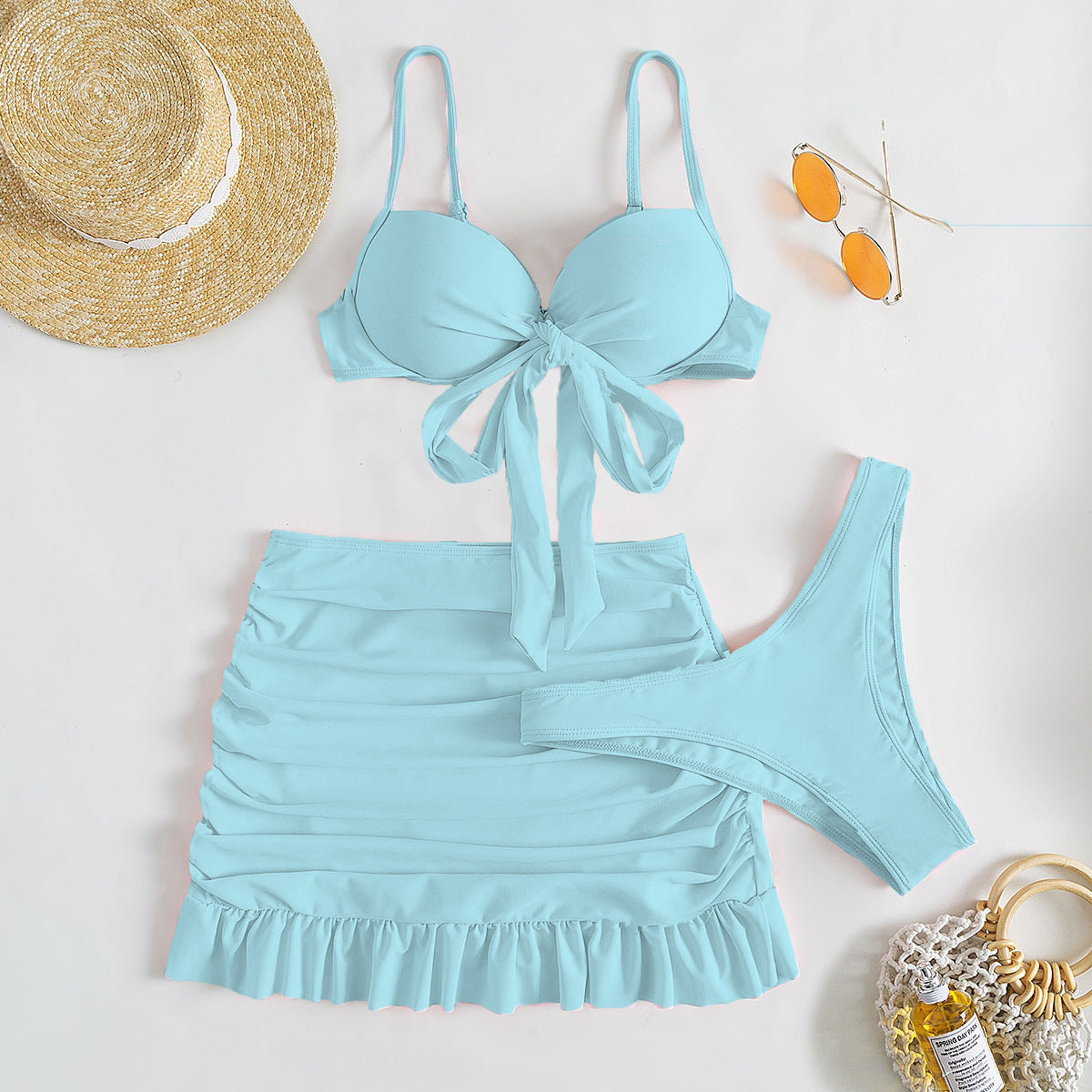 Düz Renk Üç Parça Yüksek Sarma Bikini