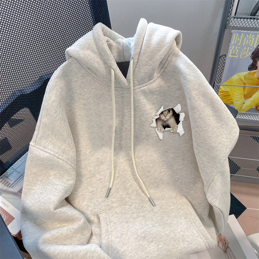 Kedi Baskılı Termal Kapüşonlu Sweatshirt