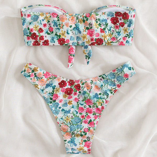 Çiçek Desenli Split Üçgen Spa Bikini
