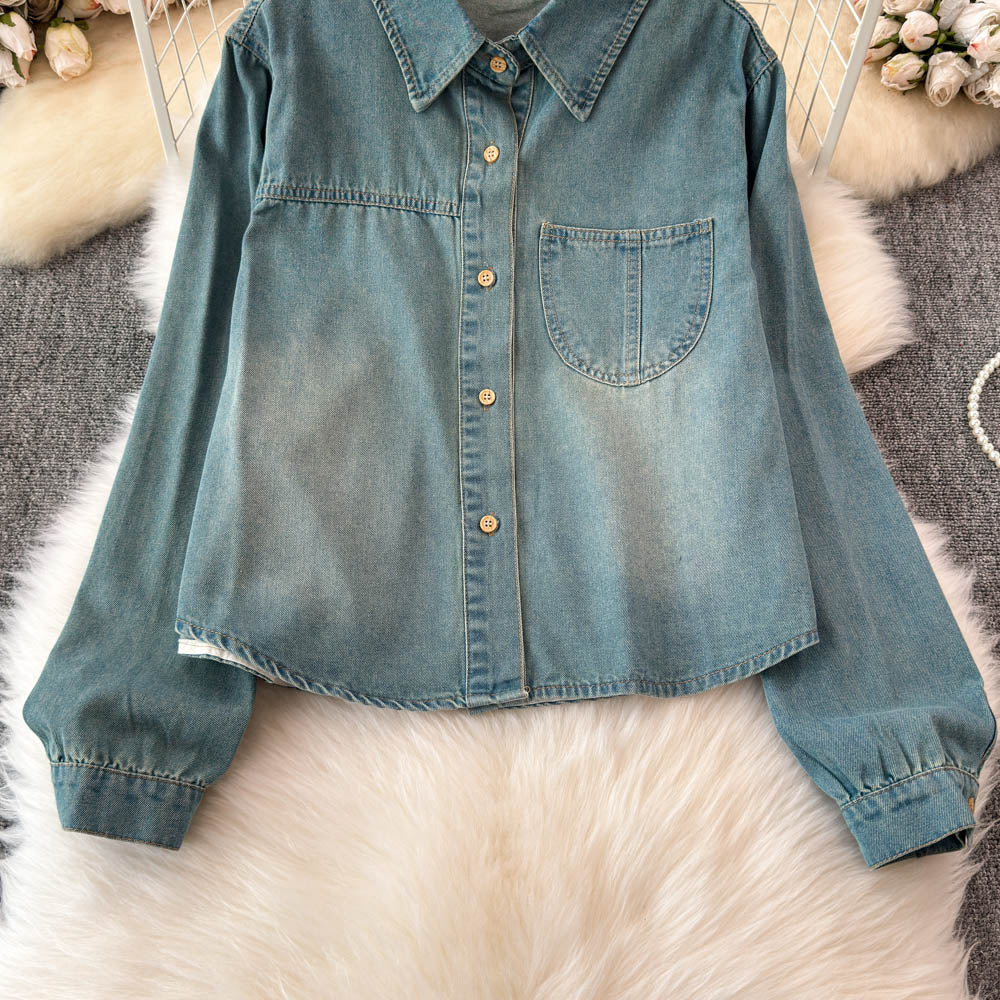Şal Detaylı Yaka Açık Denim Gömlek