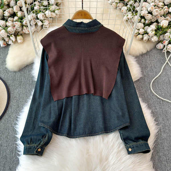 Şal Detaylı Yaka Açık Denim Gömlek