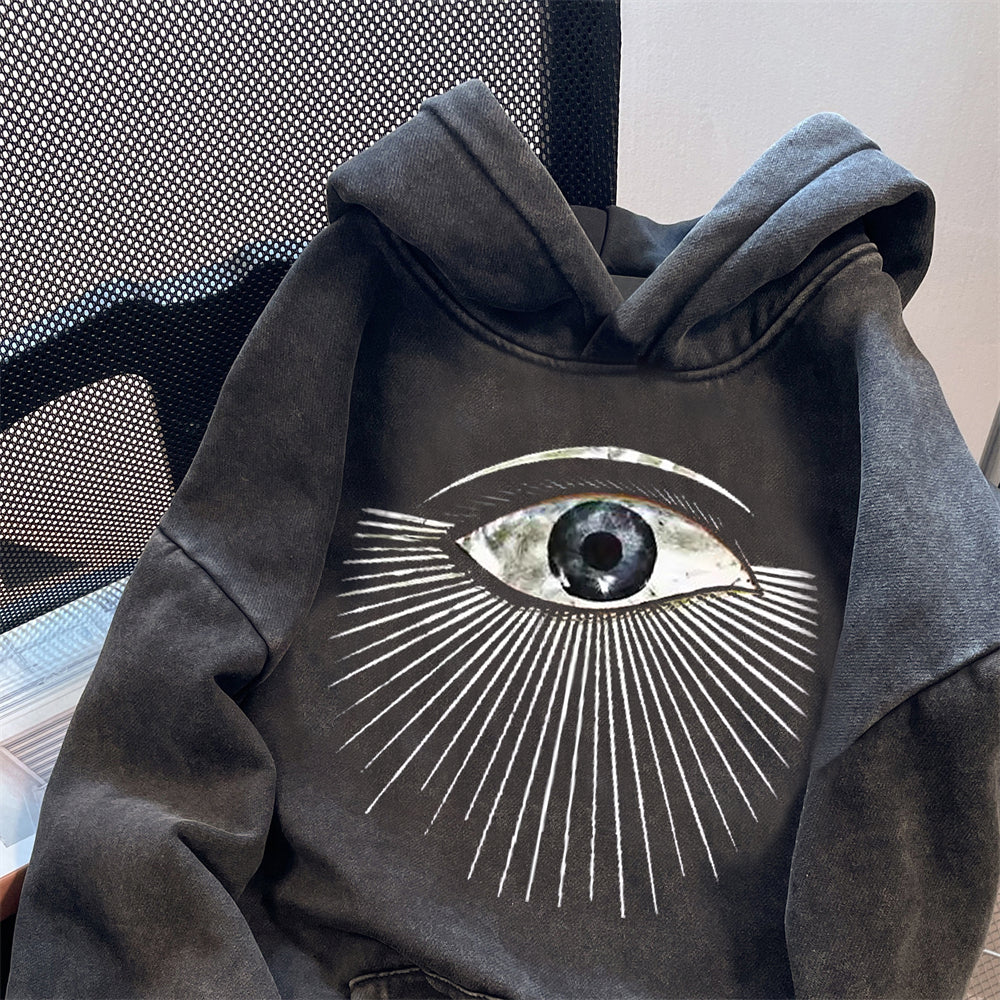 Oversize Yıpranmış Baskılı Kapüşonlu Sweatshirt