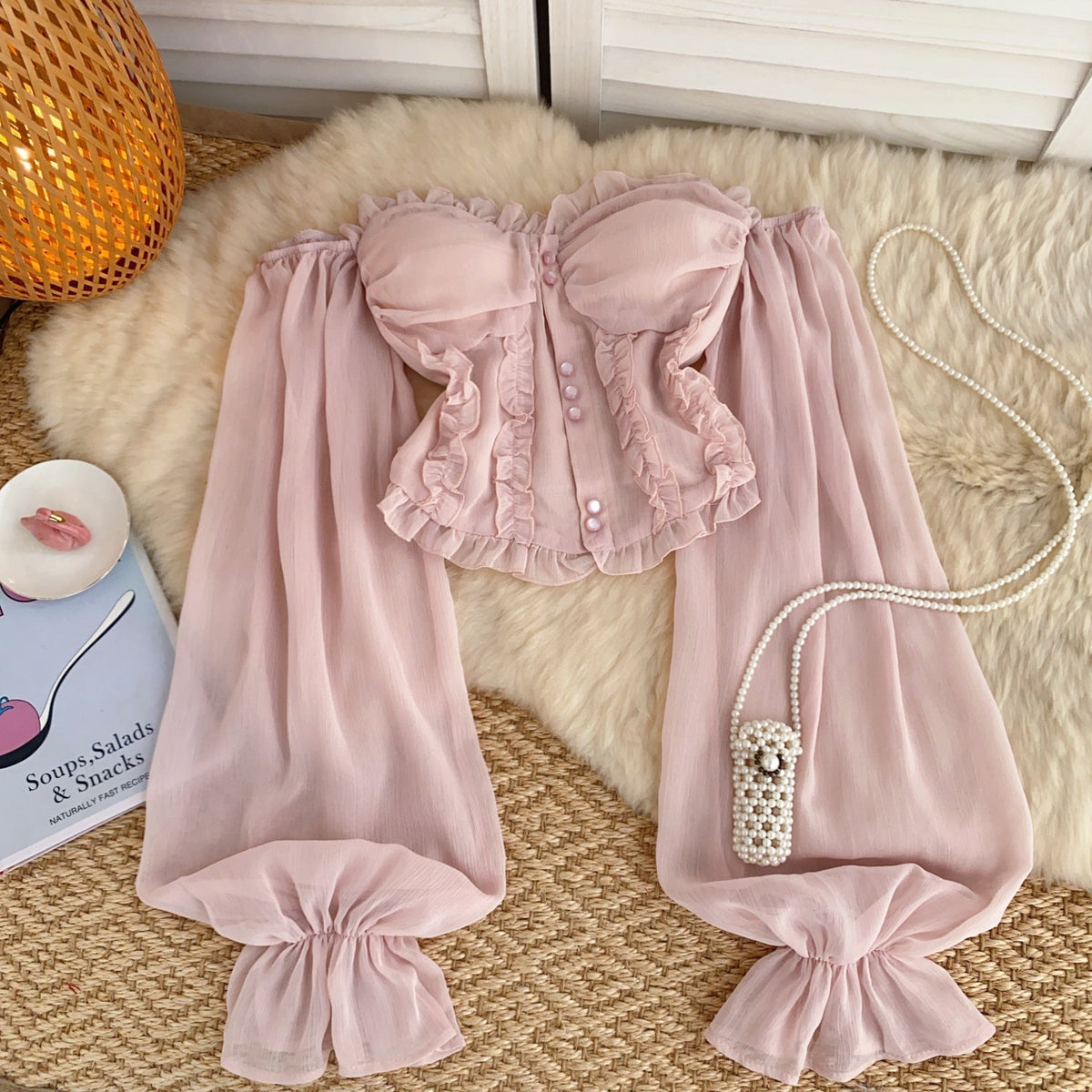 Askısız Volanlı Pembe Şifon Bluz