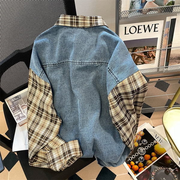 Vintage Denim Patchwork Ekose Gömlek