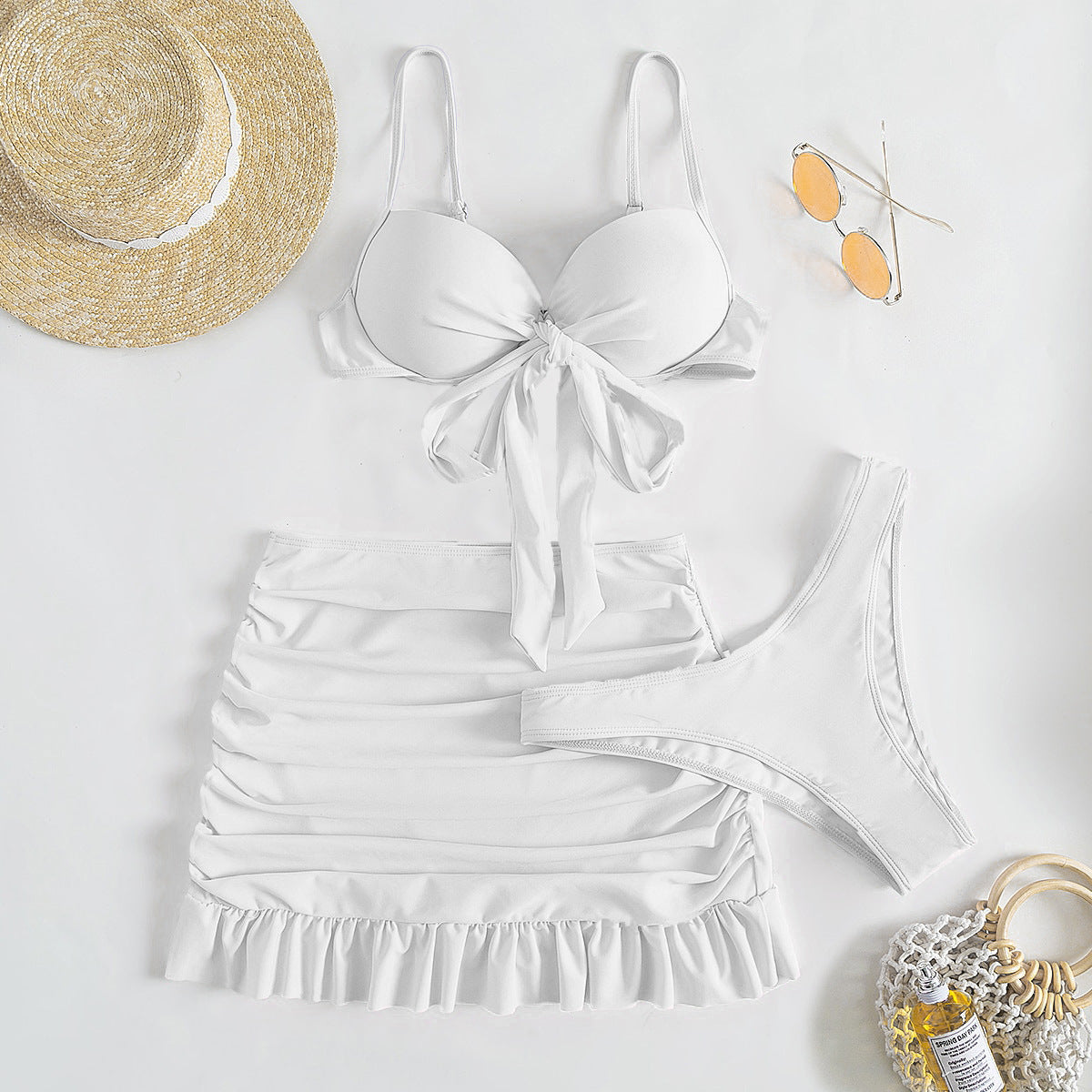 Düz Renk Üç Parça Yüksek Sarma Bikini