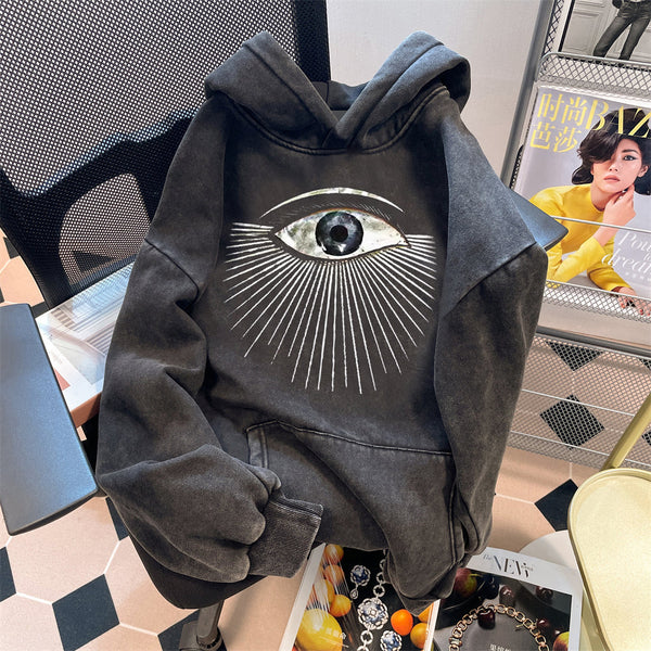 Oversize Yıpranmış Baskılı Kapüşonlu Sweatshirt