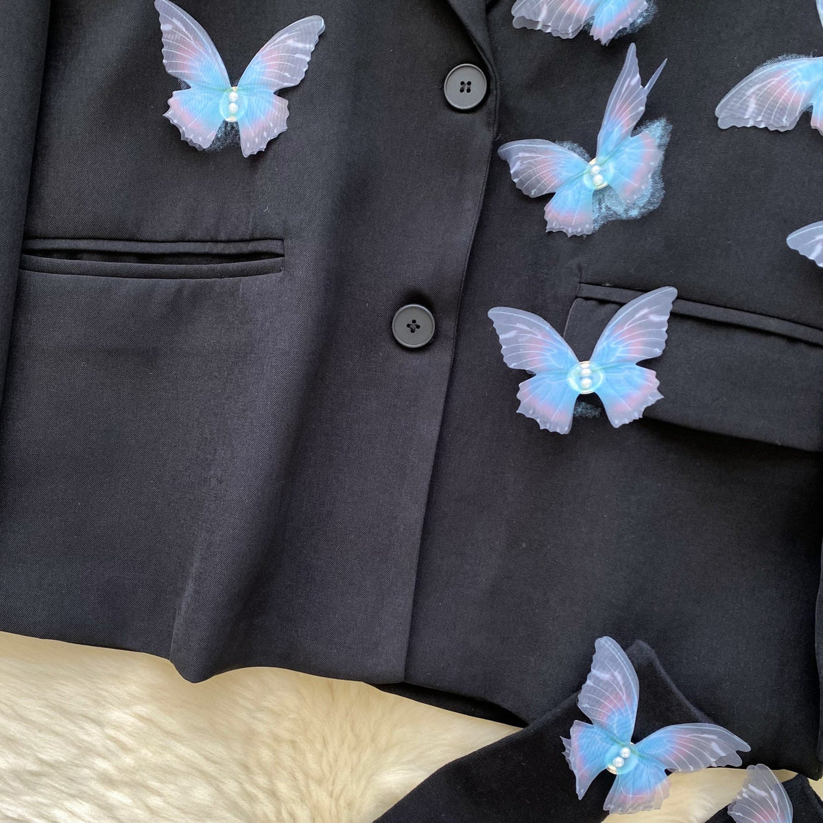 3D Mavi Kelebek Siyah Blazer