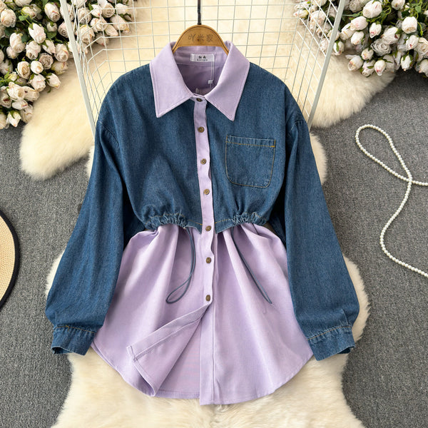 Şık Denim Patchwork Esnek Gömlek
