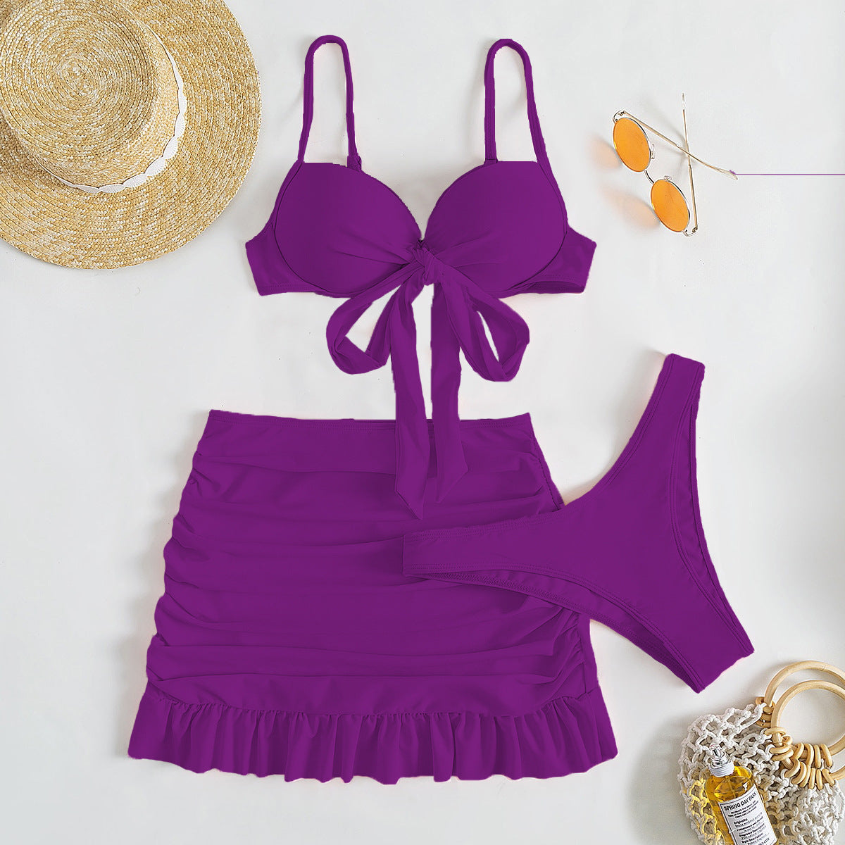 Düz Renk Üç Parça Yüksek Sarma Bikini