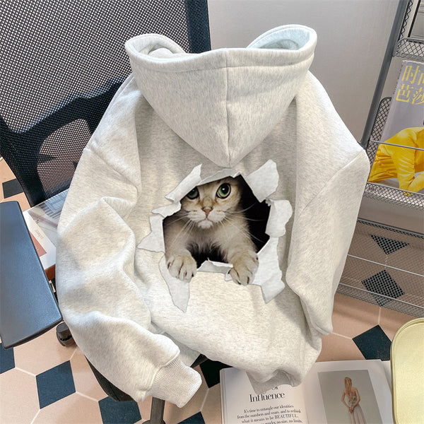 Kedi Baskılı Termal Kapüşonlu Sweatshirt